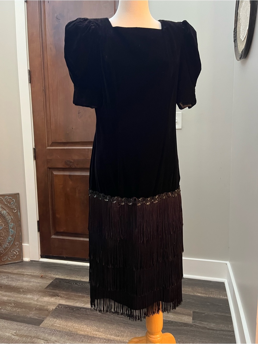 Vintage 80s Opening Night Black Velvet Fringe Cocktail Dress